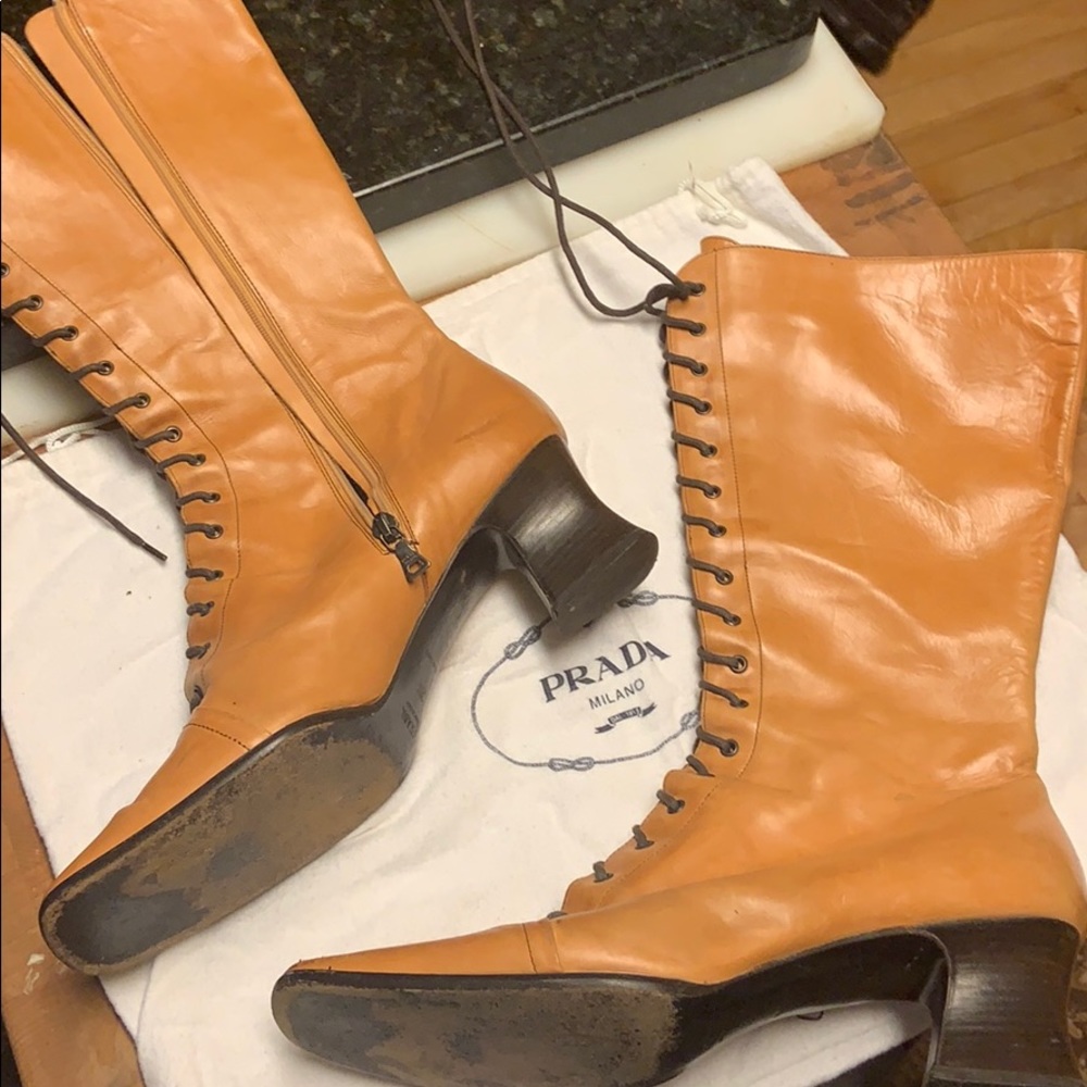 Pristine Prada Steam Punk Logo Zipper Leather Boot